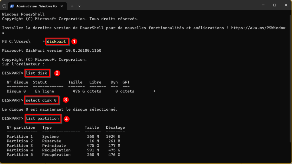 Commandes Powershell pour Diskpart 