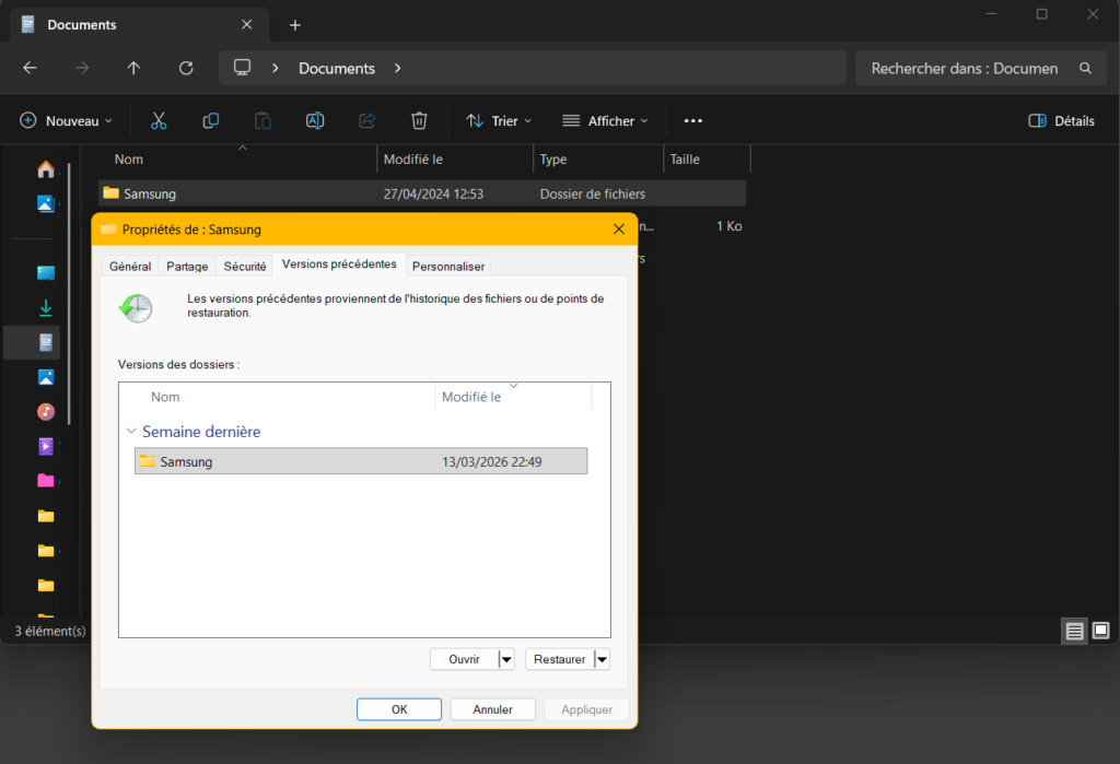 Restauration avec l’historique des fichiers Windows 11